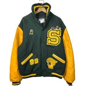 Varsity Letterman Bomber Jacket XL Green Wool Body Cowhide Leather Sleeves USA